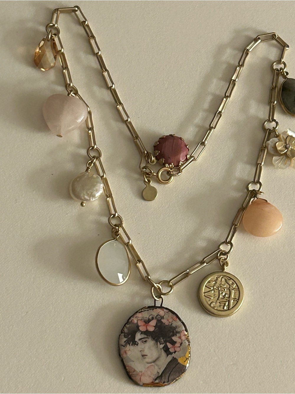 Loft & Artisan NWOT Necklace “Butterflies R Free” Ceramic, Rose Quartz pendant